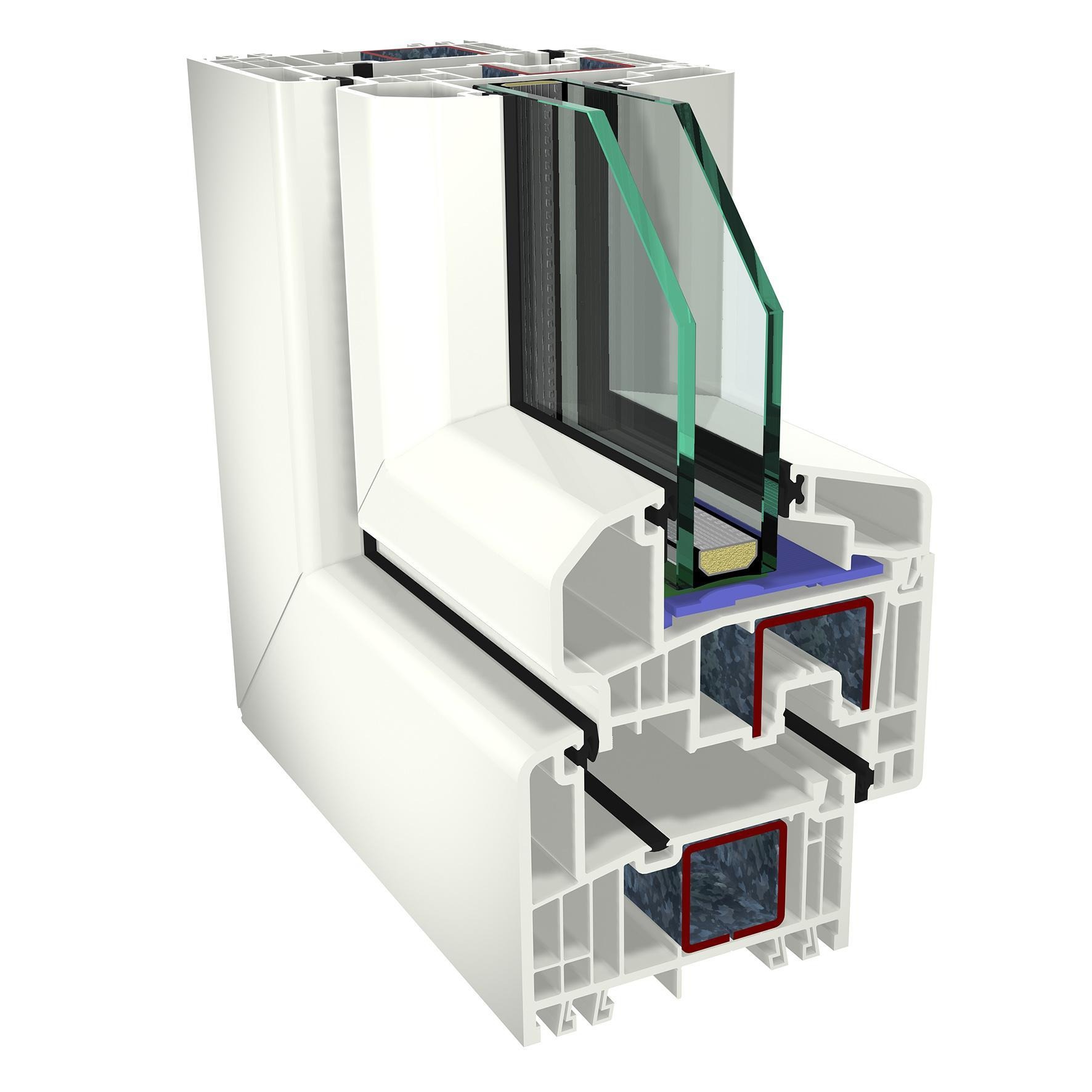 Przekrój poprzeczny ramy okiennej z widoczną strukturą wielokomorową, uszczelnieniami oraz szybą zespoloną z profilem dystansowym.