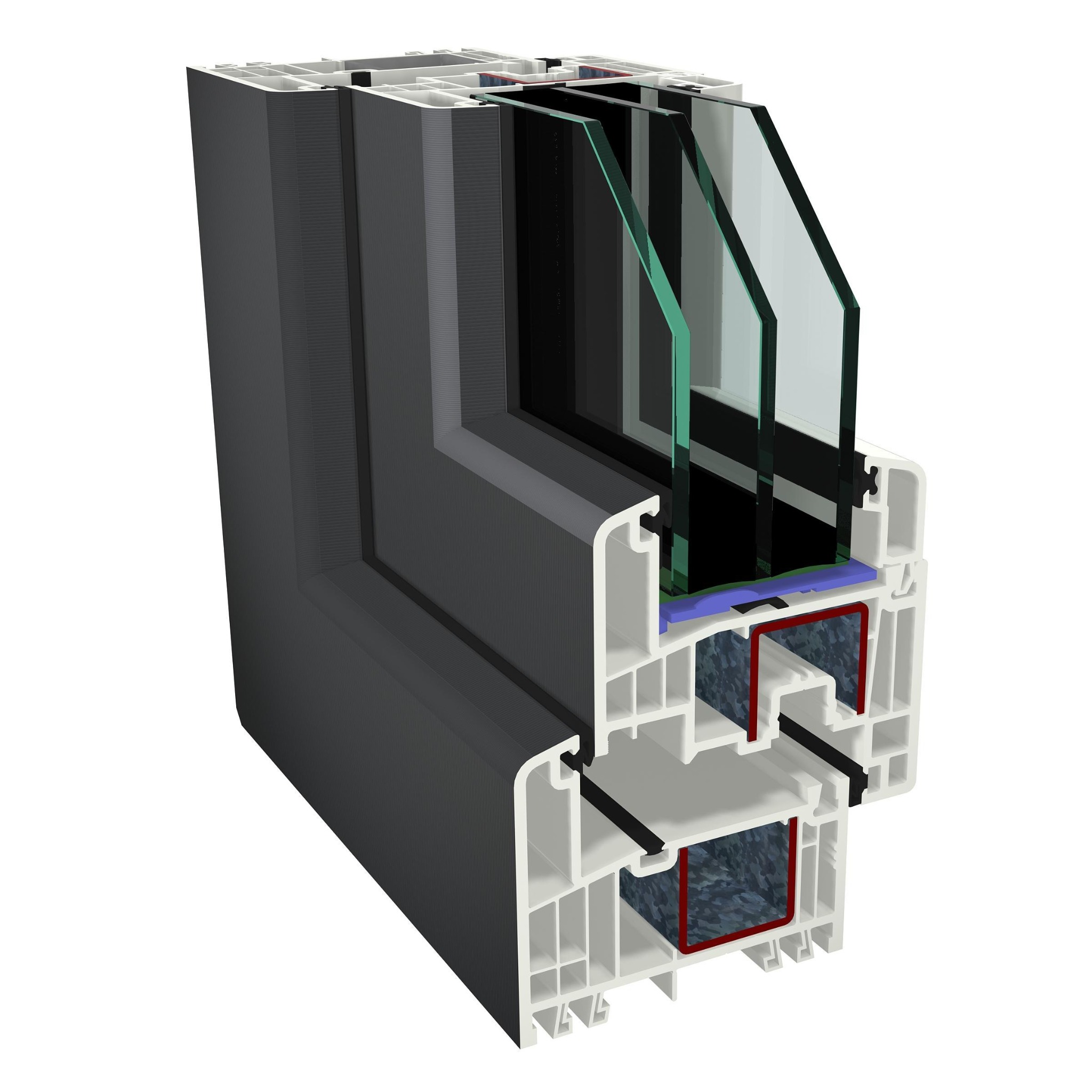 Przekrój okna z trzema szybami, ukazujący konstrukcję ramy z szarego tworzywa i wewnętrzne komory wypełnione materiałem izolacyjnym.