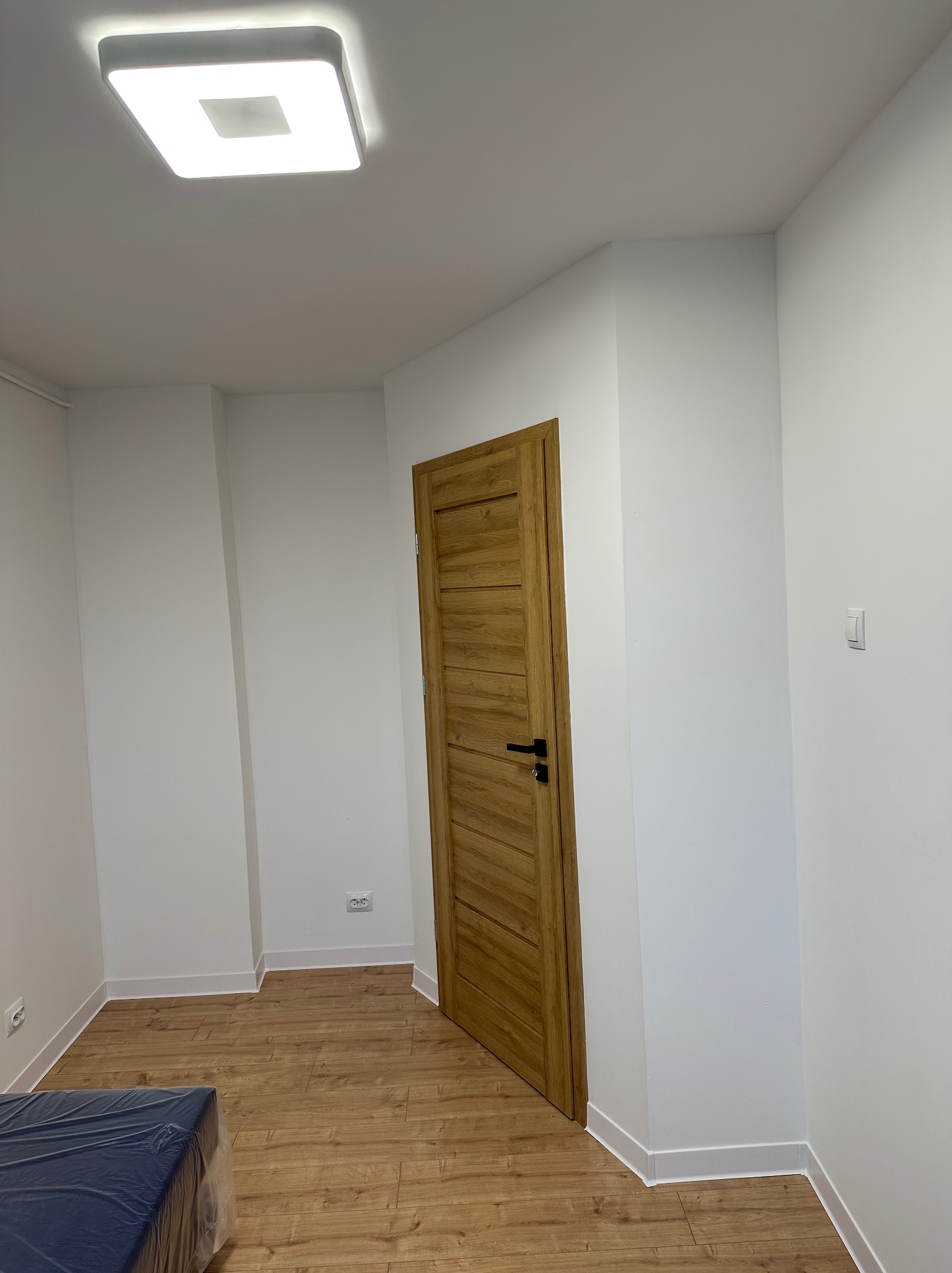 Nowoczesne wnętrze z drewnianą podłogą i drzwiami, białe ściany, minimalistyczna lampa sufitowa.