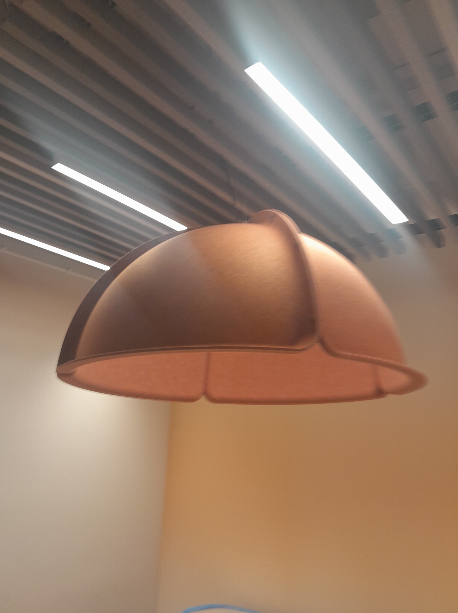 Beżowa lampa sufitowa w kształcie kwiatu, oświetlona światłem jarzeniowym. Widoczne elementy konstrukcyjne sufitu.