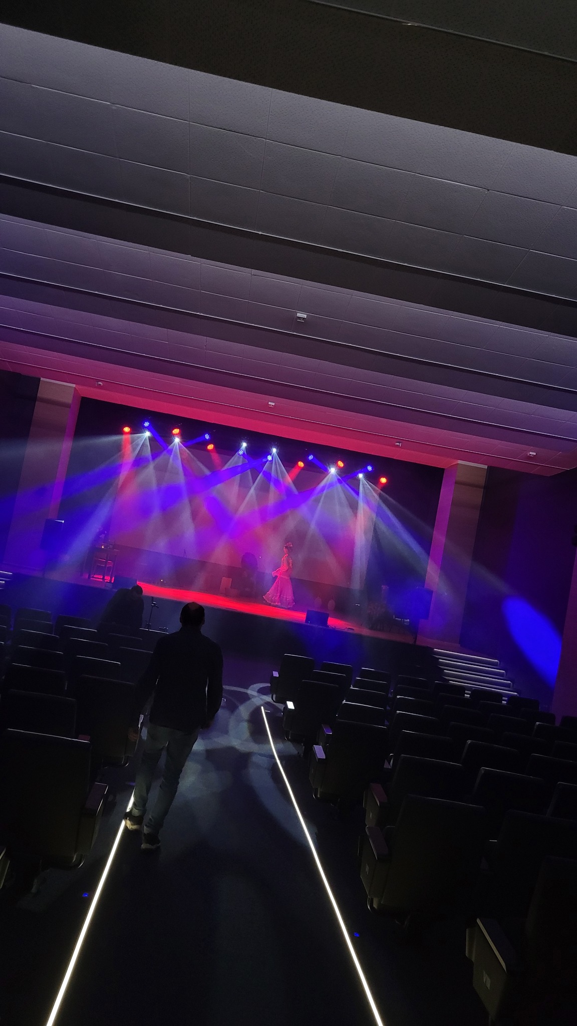 Scena z oświetleniem scenicznym w kolorach czerwieni i błękitu, piosenkarka w długiej sukni na scenie, widok z widowni, rzędy krzeseł, osoba idąca w kierunku sceny, podświetlane linie na podłodze.