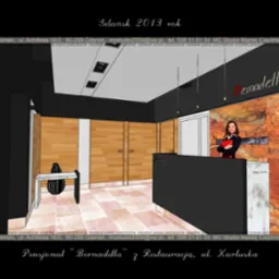 Wizualizacja 3D recepcji pensjonatu Bernadetta z restauracją, ukazująca ladę recepcyjną z napisem 'Recepcja', dekoracyjną ścianę z kamienia, drewniane drzwi i podłogę z płytek w odcieniach różu.