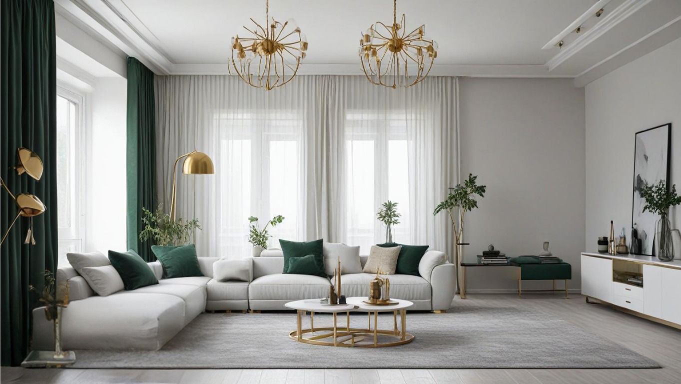 Jasny salon z narożną sofą, zielonymi akcentami i złotymi lampami wiszącymi w stylu glamour.