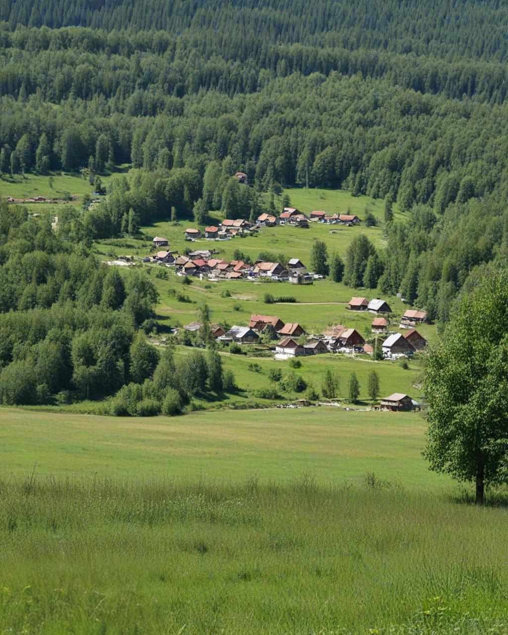 Panoramiczny widok na wieś z czerwonymi dachami domów, otoczoną zielonymi łąkami i lasem, z drzewem w prawym dolnym rogu.