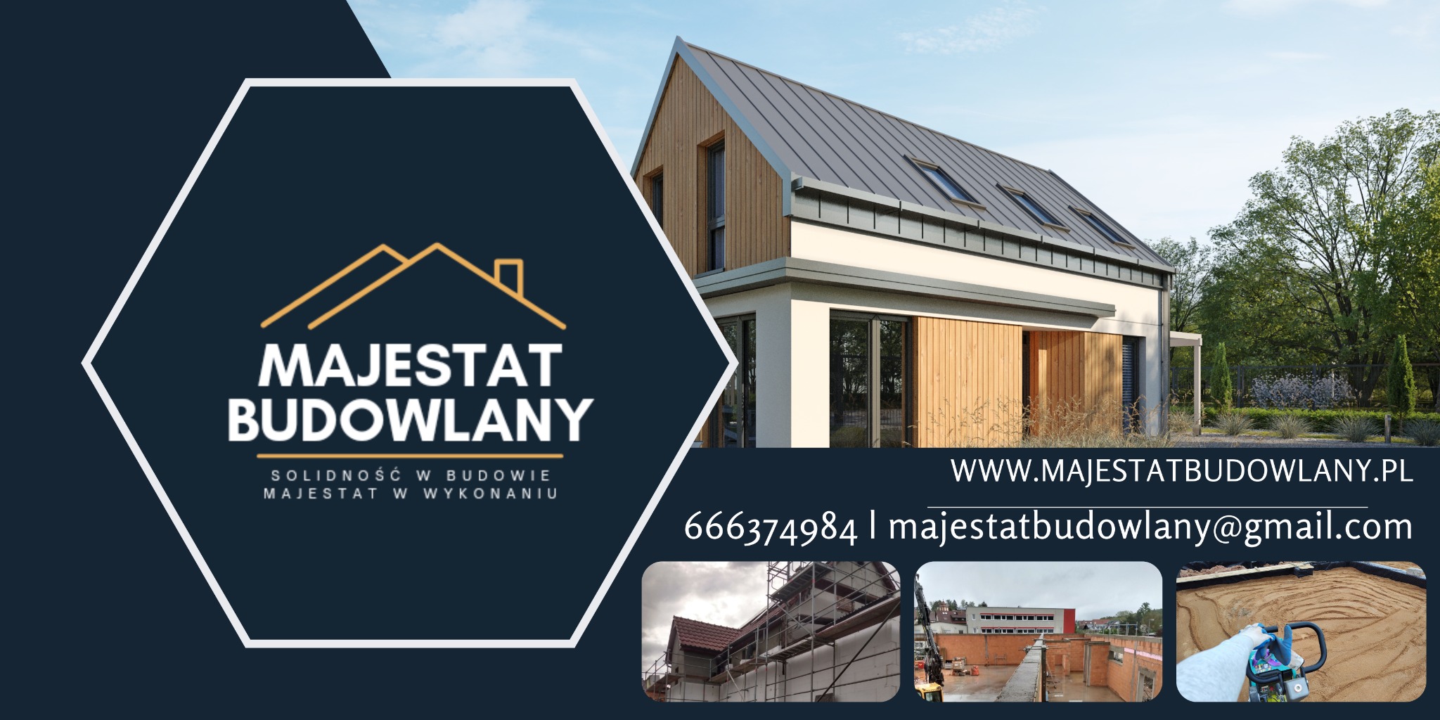 Wizytówka firmy budowlanej Majestat Budowlany z nowoczesnym domem jednorodzinnym, numerem telefonu i adresem strony internetowej oraz zdjęciami z realizacji.