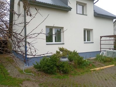 Otynkowany dom jednorodzinny z białymi oknami i szarym dachem, otoczony zielenią. Widoczne krzewy i drzewo bez liści. Świeżo pomalowana elewacja w jasnym odcieniu.