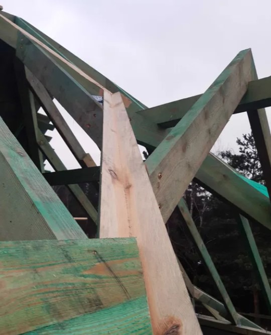 Surowa drewniana konstrukcja dachu z elementami pomalowanymi na zielono, widok z dołu na tle pochmurnego nieba i drzew