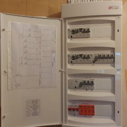 ELGRUPEL SPÓŁKA Z OGRANICZONĄ ODPOWIEDZIALNOŚCIĄ - Otwarta skrzynka elektryczna z widocznymi bezpiecznikami i schematem, białe rury kablowe w górnej części, ściana w trakcie remontu w tle.