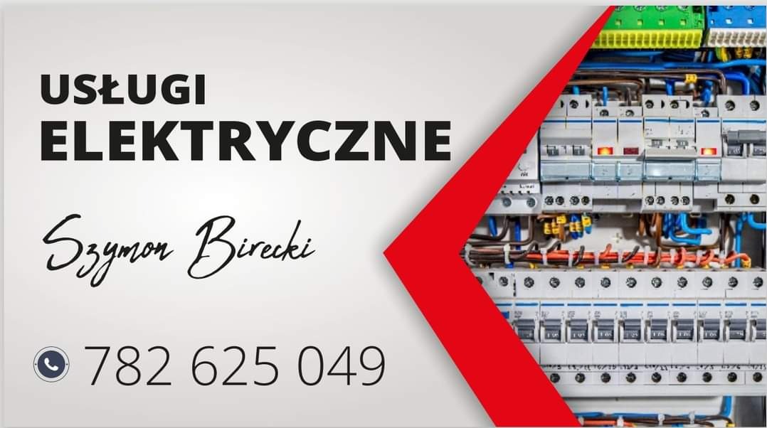 Wizytówka firmy elektrycznej: napis 'Usługi Elektryczne' z nazwiskiem Szymon Birecki i numerem telefonu na tle rozdzielnicy elektrycznej z bezpiecznikami i okablowaniem, przecięta czerwoną strzałką.