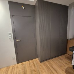 Best Project Sebastian Łobacz - Grafitowa szafa wnękowa z ryflowanymi frontami, zintegrowana z drzwiami, na jasnej drewnianej podłodze; widoczny fragment sufitu z dekoracyjną sztukaterią.