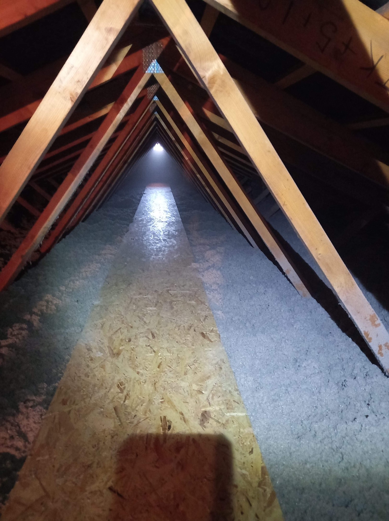 Poddasze z drewnianą konstrukcją więźby dachowej, ocieplone wełną mineralną, z fragmentem podłogi z płyty OSB. Widoczny tunel światła w oddali.