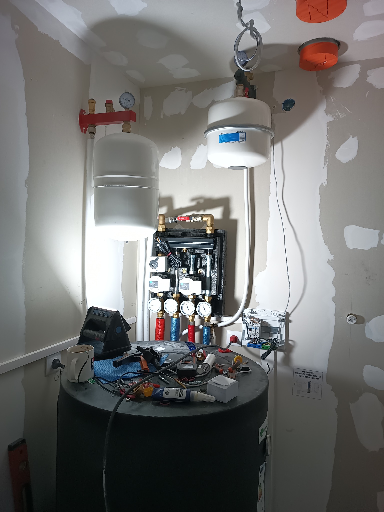 Rozdzielacz ogrzewania podłogowego z manometrami, zbiornikami wyrównawczymi i narzędziami na czarnym zbiorniku w surowym wnętrzu z niedokończonymi ścianami.