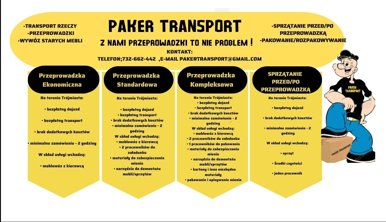 Grafika reklamowa firmy Paker Transport oferującej przeprowadzki ekonomiczne, standardowe i kompleksowe oraz sprzątanie przed i po przeprowadzce na terenie Trójmiasta, z listą usług wchodzących...