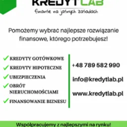 Grafika reklamowa firmy Kredyt Lab oferującej wsparcie w wyborze rozwiązań finansowych, z listą usług: kredyty gotówkowe, hipoteczne, ubezpieczenia, obrót nieruchomościami i finansowanie biznesu...
