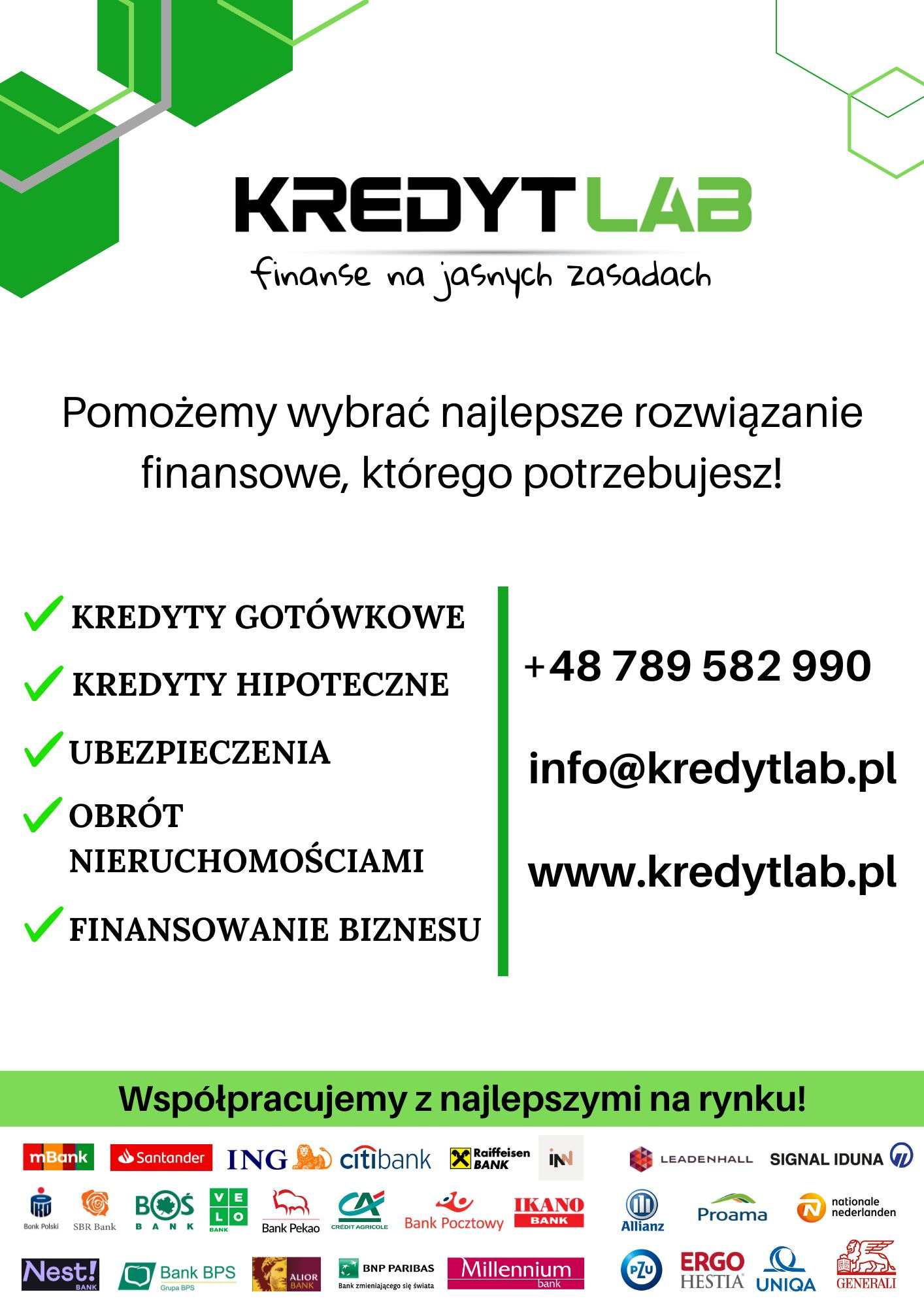 Grafika reklamowa firmy Kredyt Lab oferującej wsparcie w wyborze rozwiązań finansowych, z listą usług: kredyty gotówkowe, hipoteczne, ubezpieczenia, obrót nieruchomościami i finansowanie biznesu...