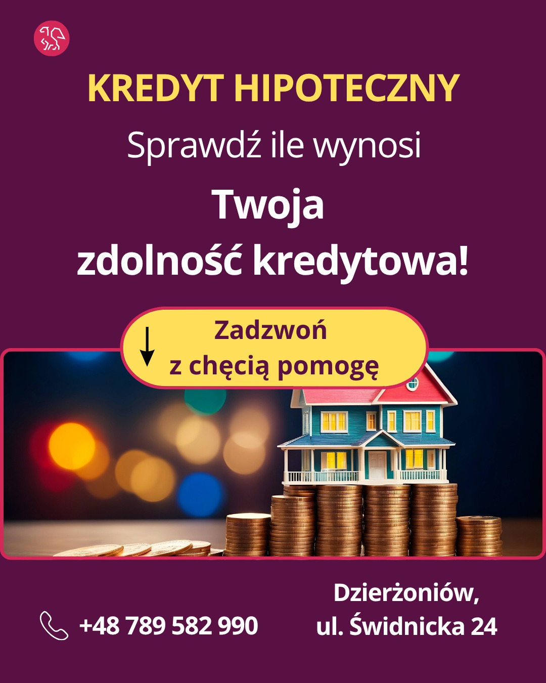 Grafika: Kredyt hipoteczny. Sprawdź zdolność kredytową. Model domu na monetach, telefon kontaktowy i adres w Dzierżoniowie na fioletowym tle.