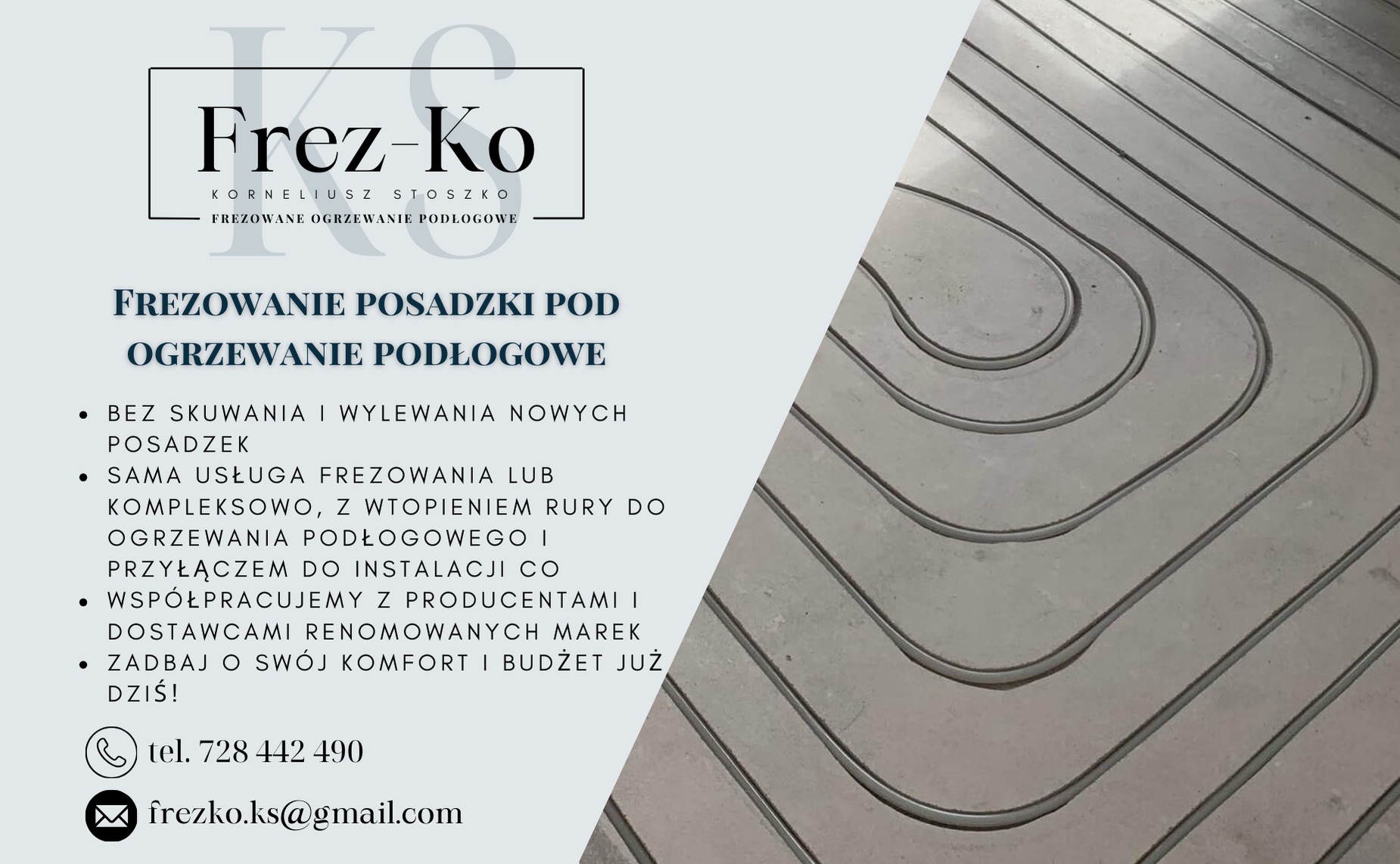 Zdjęcie prezentuje frezowaną posadzkę pod ogrzewanie podłogowe, widoczne rowki przygotowane do montażu rur grzewczych. Ujęcie z góry, ukazuje regularny układ frezów w szarej posadzce, podkreślając...