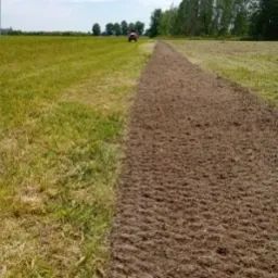 Przygotowany pas ziemi pod trawnik z rolki, widoczny traktor w oddali na tle zielonego pola i drzew