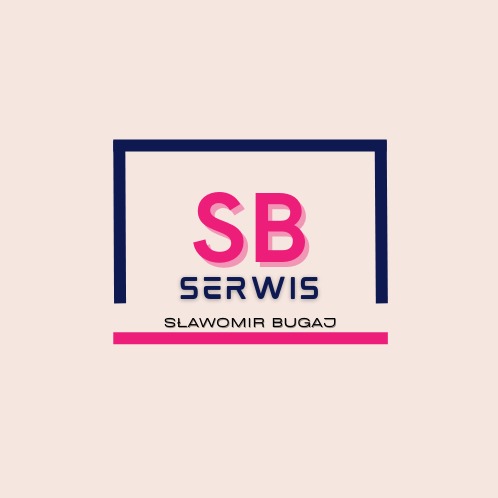 Logo firmy SB Serwis Sławomir Bugaj z granatową ramką i różowymi akcentami.