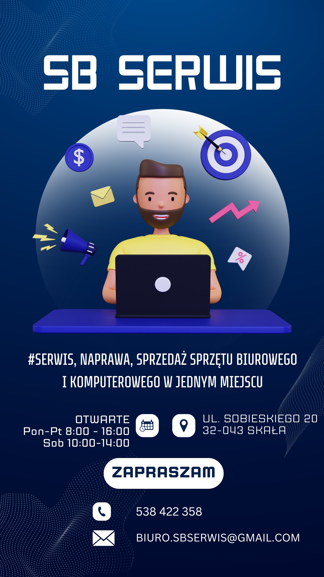Grafika reklamowa SB Serwis z 3D postacią korzystającą z laptopa, otoczoną ikonami usług biurowych i komputerowych, na niebieskim tle z danymi kontaktowymi.