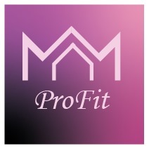 Logo firmy ProFit w odcieniach różu i fioletu, z geometrycznym symbolem przypominającym dwie litery 'M' lub stylizowany dach domu.