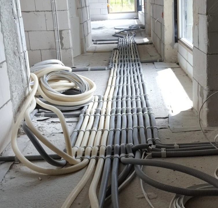 Wiązki rur karbowanych w kolorach szarym i kremowym ułożone na surowej posadzce w trakcie instalacji w budynku w stanie deweloperskim, widoczne ściany z białego betonu komórkowego.