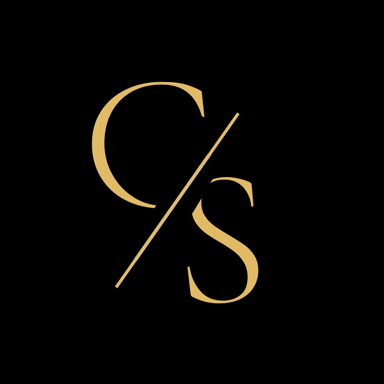 Złote litery C i S przecięte ukośną linią na czarnym tle, tworzące minimalistyczne logo.