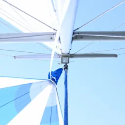 Widok z dołu na maszt i żagiel jachtu na tle błękitnego nieba, z widocznymi linami i elementami konstrukcyjnymi.
