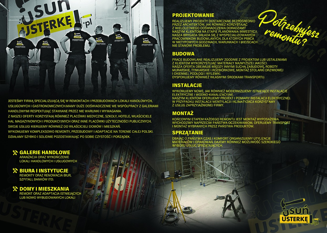 Ujęcie dolnej części plakatu reklamowego firmy remontowej, prezentującego zakres usług: projektowanie, budowa, instalacje, montaż i sprzątanie, z widocznym rusztowaniem i oświetleniem budowlanym.