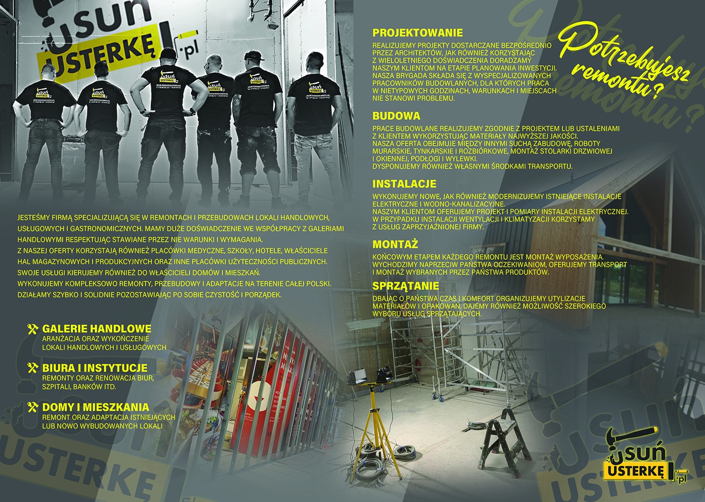 Stelaż konstrukcji z profili metalowych, prawdopodobnie pod płyty kartonowo-gipsowe, oświetlony lampą budowlaną na trójnogu, z rozłożonymi drabinami w tle surowego wnętrza w trakcie prac...