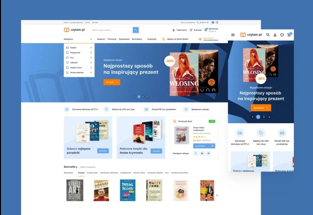 Widok strony internetowej księgarni Czytam.pl na ekranie komputera i smartfona, prezentujący ofertę książek i promocje.