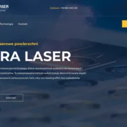 Strona internetowa firmy Astra Laser, specjalizującej się w laserowym czyszczeniu powierzchni, z widocznym logo, menu nawigacyjnym, hasłem reklamowym i przyciskami CTA.
