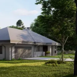 Wizualizacja parterowego domu jednorodzinnego z garażem, szary dach dwuspadowy, otoczony zielenią i białym płotem.