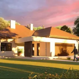 Wizualizacja parterowego domu jednorodzinnego z garażem, z brązowym dachem i białymi ścianami, otoczonego zielonym trawnikiem i drzewami, na tle różowo-pomarańczowego zachodzącego słońca. Osoba...
