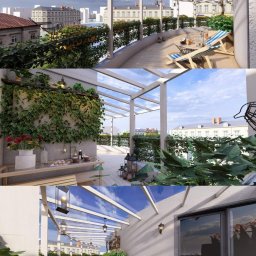 Projekty Kosztorysy Nadzory w Budownictwie - Wizualizacja zadaszonego tarasu na dachu budynku z drewnianą podłogą, białymi kolumnami i szklanym dachem, z roślinnością pnącą się po ścianach, oświetlonego wiszącymi lampami i wyposażonego...