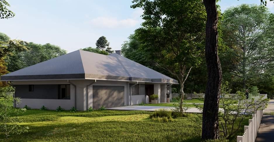 Wizualizacja parterowego domu jednorodzinnego z garażem, szary dach dwuspadowy, otoczony zielenią i białym płotem.