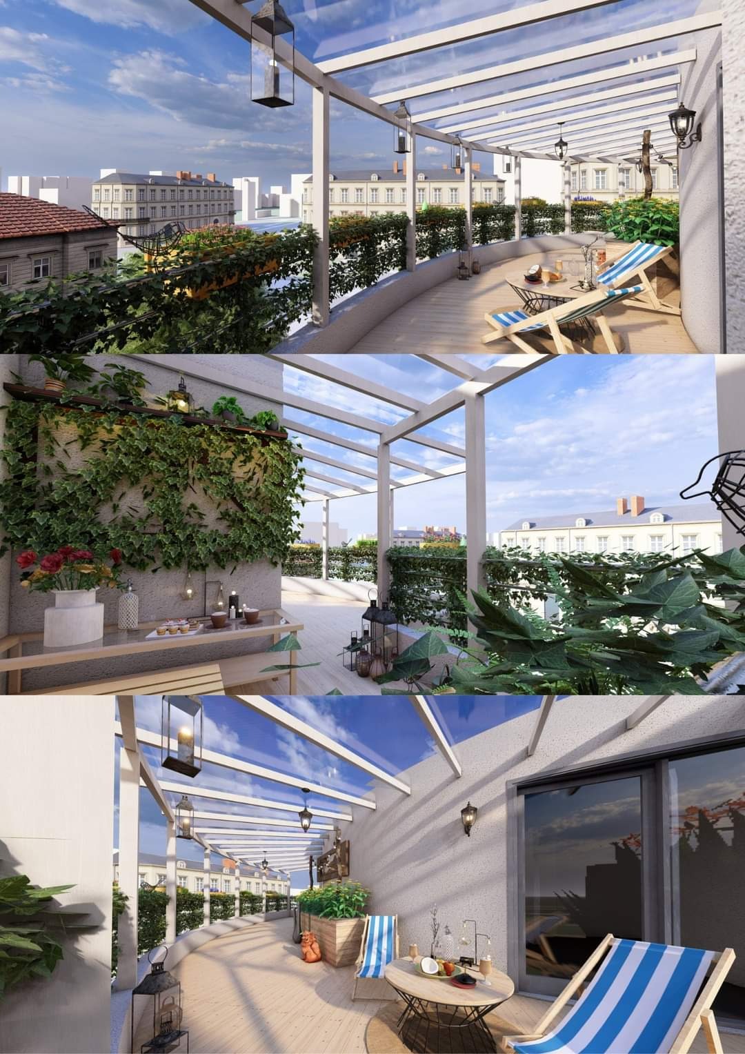 Wizualizacja zadaszonego tarasu na dachu budynku z drewnianą podłogą, białymi kolumnami i szklanym dachem, z roślinnością pnącą się po ścianach, oświetlonego wiszącymi lampami i wyposażonego...