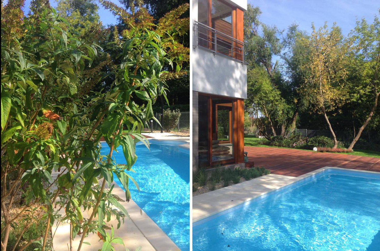 Błękitny basen otoczony zielenią, z drewnianym tarasem i nowoczesnym budynkiem w tle, w słoneczny dzień.