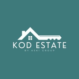 Kod Estate - Logo firmy KOD ESTATE BY ASKI GROUP na turkusowym tle. Grafika łączy symbol domu z kluczem, tworząc unikalny znak dla branży nieruchomości.