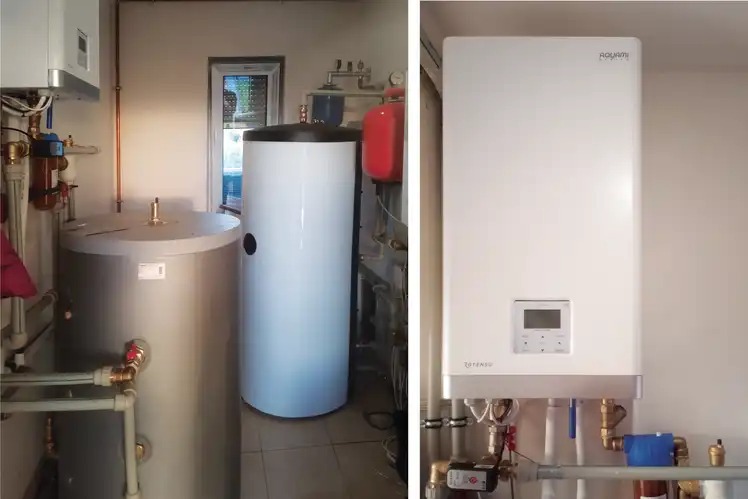 Dwa zbiorniki akumulacyjne ciepłej wody użytkowej w kotłowni, obok wiszący kocioł grzewczy Aquami Totenso z podłączeniami hydraulicznymi, rurami miedzianymi i zaworami.