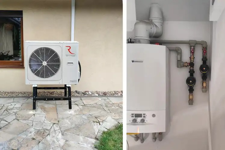 Zewnętrzna jednostka pompy ciepła na czarnym stojaku, z widocznym logo Rotenso, obok okna i elewacji budynku, oraz wewnętrzna jednostka kotła grzewczego z instalacją hydrauliczną na białej ścianie.