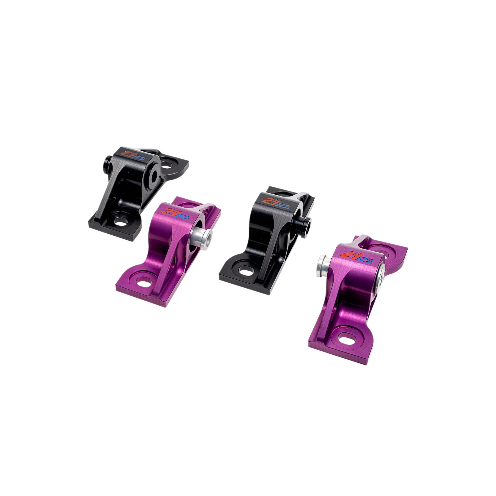 Dwa czarne i dwa fioletowe metalowe uchwyty samochodowe z logo 2RS na białym tle, widoczne otwory montażowe i śruby.