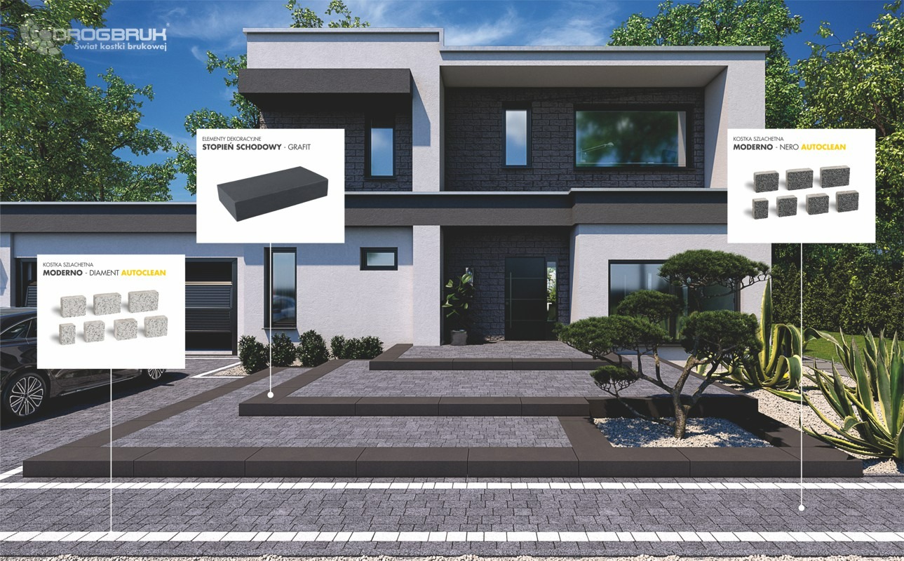 Wizualizacja domu z nowoczesną nawierzchnią z szarej kostki brukowej, schody wejściowe wykończone grafitowymi elementami, zieleń ozdobna w ogrodzie.