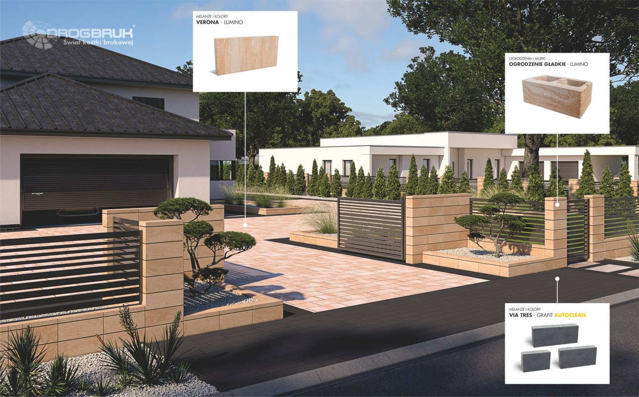 Wizualizacja posesji z nawierzchnią z jasnej kostki, ogrodzeniem z elementami z tego samego materiału oraz nowoczesnym domem z garażem i zadbaną zielenią.