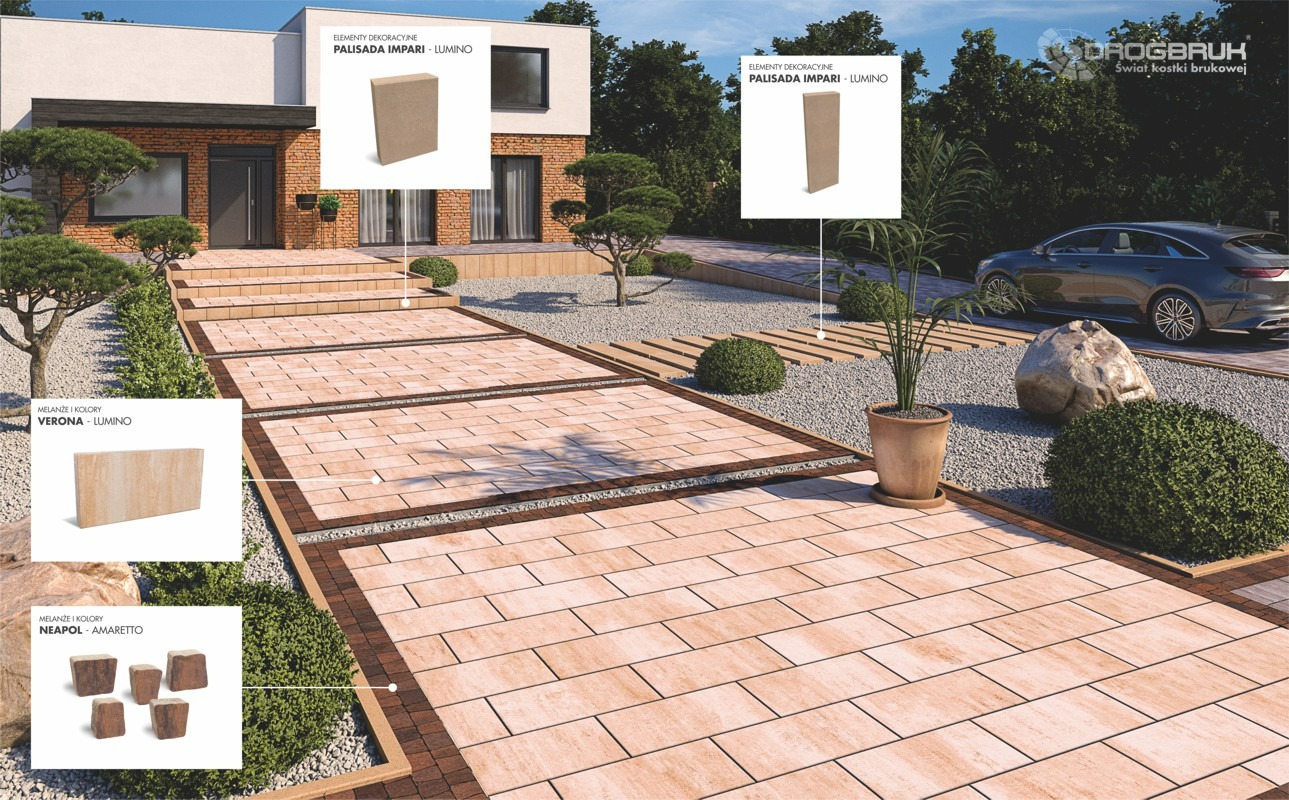 Ułożona ścieżka z beżowej kostki brukowej prowadząca do domu z elementami dekoracyjnymi i palisadami, otoczona zielenią i szarym żwirem, z samochodem w tle.