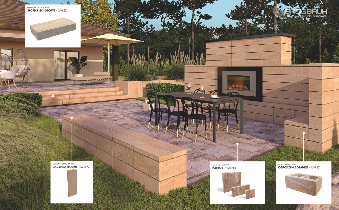 Zewnętrzna strefa relaksu z paleniskiem i meblami ogrodowymi, wykończona kostką w odcieniach beżu i brązu, z elementami schodowymi i palisadami.