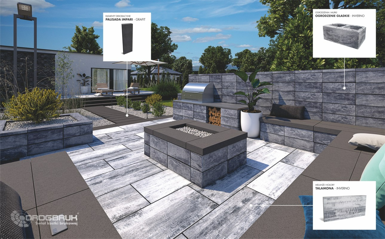 Nowoczesny taras z paleniskiem i grillem, wyłożony płytami w odcieniach szarości i bieli, z elementami małej architektury wykonanymi z betonowych bloków, w tle widoczny dom z tarasem i zieleń.