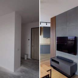 IPA construction - Porównanie stanu surowego i wykończonego wnętrza: białe ściany przed i betonowa ściana z telewizorem po remoncie, widoczne elementy drewniane i szara zabudowa kuchenna w tle.