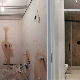 IPA construction - Porównanie stanu surowego i wykończonego pomieszczenia: instalacja ogrzewania podłogowego, surowa ściana z instalacjami vs. kabina prysznicowa z deszczownicą i umywalką na szafce.