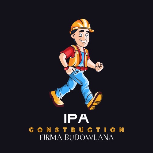 Logo firmy budowlanej: kreskówkowy budowlaniec w kasku i kombinezonie, napis IPA Construction Firma Budowlana na ciemnym tle.